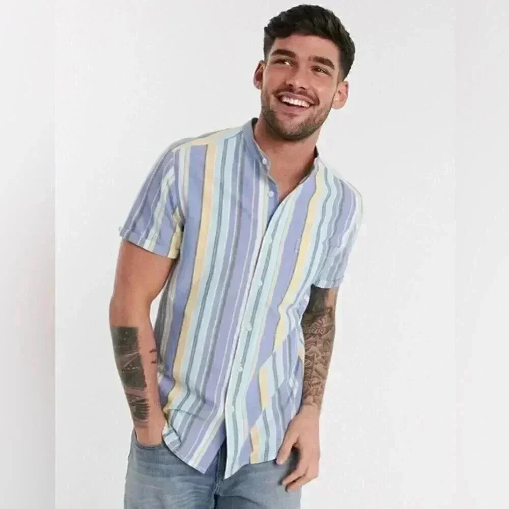 ASOS DESIGN regular fit grandad collar oxford stripe shirt in pastel colours - S